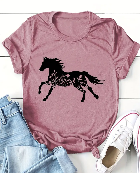 Womens Horse Print Flowers T-Shirt