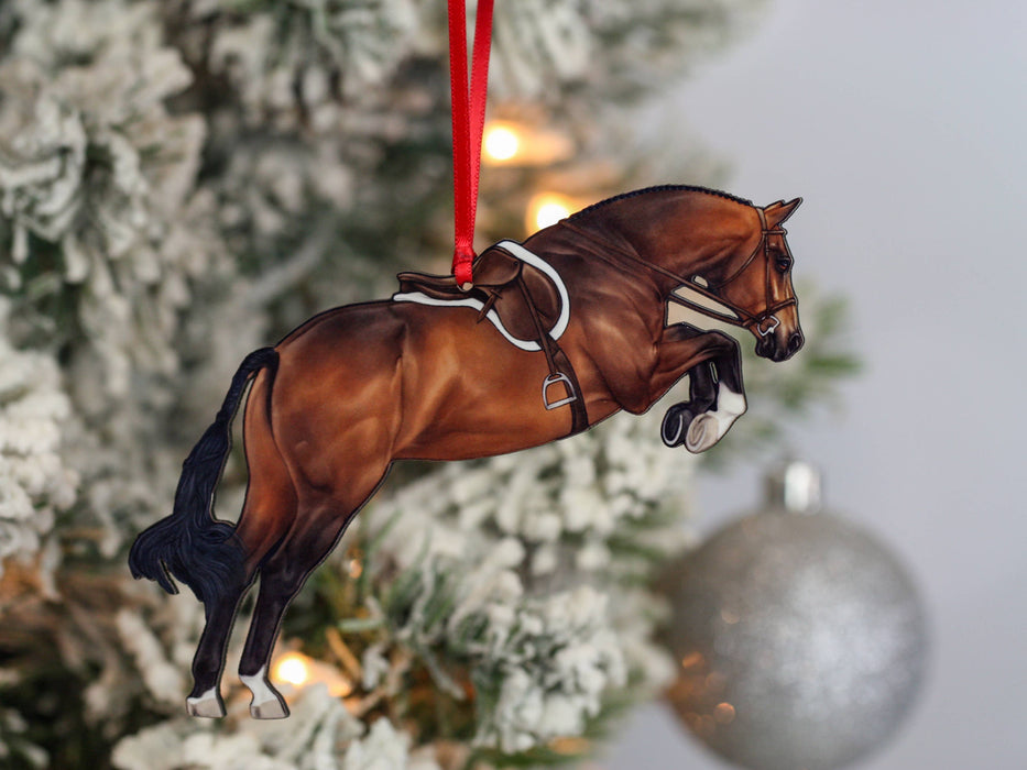 Classy Equine - Equestrian Hunter Horse Ornament - Bay Hunter Jumper Takeoff