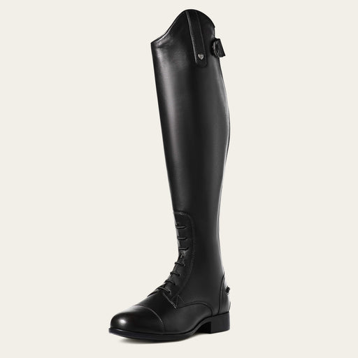 Black riding boot on a light gray background