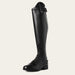 Black riding boot on a light gray background
