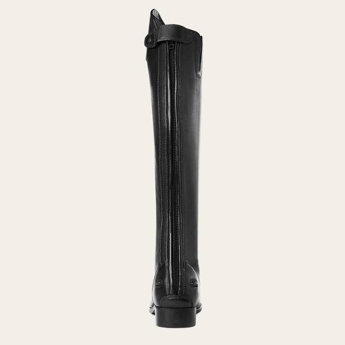 A single black leather equestrian riding boot shown from the back, featuring a full-length center zipper and a small decorative tab on the upper shaft, set against a solid off-white background.