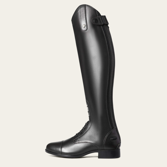 Black riding boot on a white background