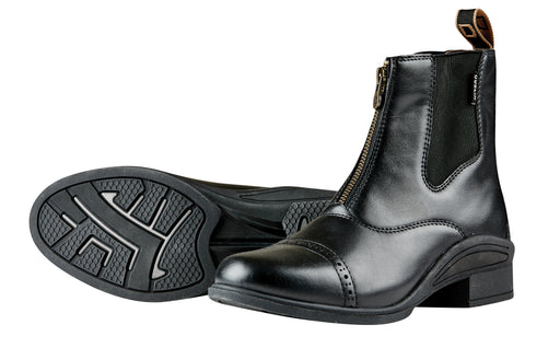 Pair of black leather paddock riding boots, with a front zipper and pull on the back of the boot. Rubber sole with low heal on a white background.