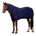 A brown horse wearing a navy blue cooler with burgundy trim and a hood, shown in profile against a plain white background.