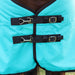 A close-up of the front of a horse wearing a bright turquoise blue turnout blanket with black trim and two black strap closures with silver buckles.