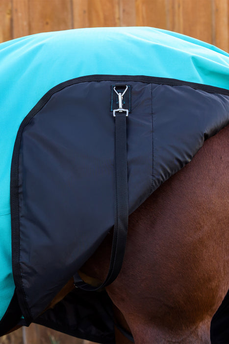 Close-up of a horse blanket draped over a horse's body, showing a turquoise blue upper section, a black neck panel with a black strap and silver buckle, and the horse's brown coat underneath, against a wooden fence background.