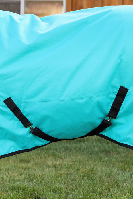 A close-up of a turquoise blue horse blanket with black surcingle straps crossed under the belly and trim, shown outdoors on a grassy lawn with a wooden fence in the background.