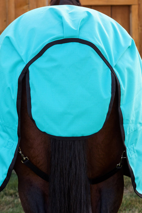A close-up rear view of a horse wearing a bright turquoise turnout blanket with black trim and straps, showing off the tail flap and leg guards in black set against a wooden fence background.