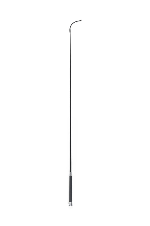 A 43 inch long dressage whip with a black woven fabric covered shaft and a gel grip handle with a silver cap.