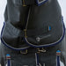 Close-up of the front of a  dark gray protective horse hood and blanket with navy blue trim, white piping, and silver buckle hardware. The brand name 'PROTECTION' with a shield logo is visible on the front flap.