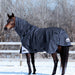 A dark gray horse turnout blanket with an attached neck cover is shown on a brown horse standing in a snowy outdoor paddock with bare trees in the background.