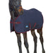 A dark brown foal wearing a navy blue turnout blanket with burgundy trim and straps, isolated on a white background.