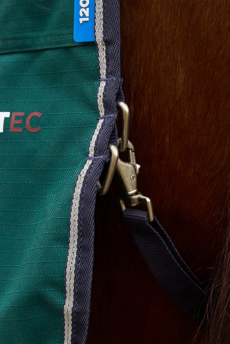 Close-up detail of a dark green horse blanket with navy blue trim, a silver metal leg snap hook, and a blue tag positioned against brown horse hair.