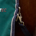 Close-up detail of a dark green horse blanket with navy blue trim, a silver metal leg snap hook, and a blue tag positioned against brown horse hair.