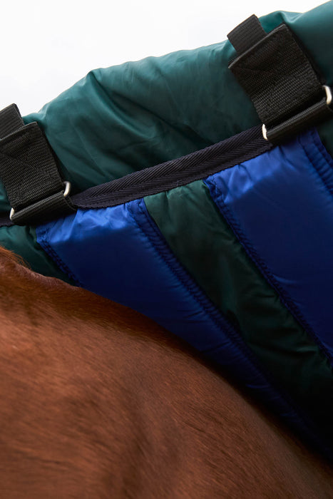 Close-up of a quilted horse blanket with a dark green outer section, a bright blue inner section, and black straps with metal buckles, shown on brown horse fur.
