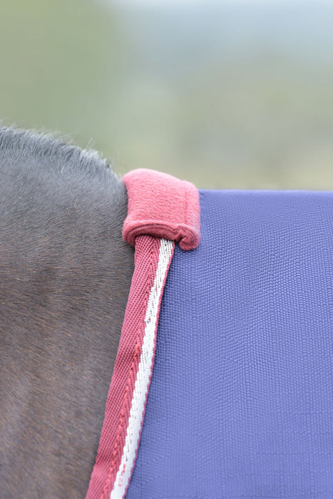 Close-up of a horse wearing a navy turnout blanket with burgundy and white piping. Showing the Fleece fabric added at the neck for wither protection. 