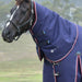 A dark brown horse wearing a navy blue turnout blanket with burgundy and white piping, set against a blurred outdoor paddock background.