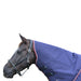 A dark brown horse shown in profile wearing a navy blue horse neck cover with burgundy piping trim and a black halter, isolated on a white background.