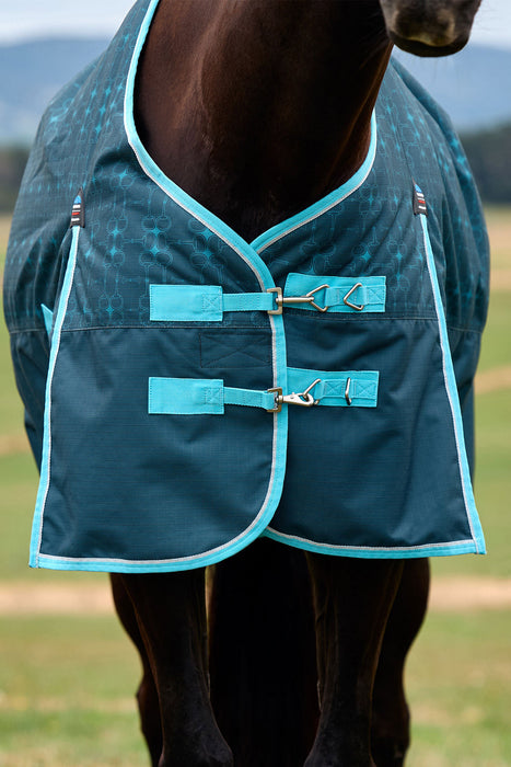 A close-up of a horse wearing a teal blue turnout blanket with bright turquoise trim and metal snap closures, set against a blurred outdoor field background.