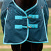 A close-up of a horse wearing a teal blue turnout blanket with bright turquoise trim and metal snap closures, set against a blurred outdoor field background.