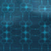 A close-up of a blue patterned fabric with a repeating geometric english bit design in lighter blue and cyan tones.