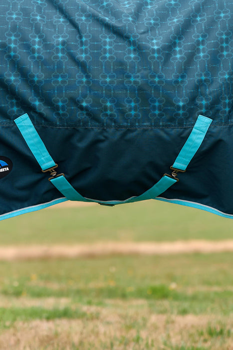 Close-up of a dark teal patterned fabric turnout blanket with bright teal surcingles and trim, photographed outdoors against a blurred grassy field.