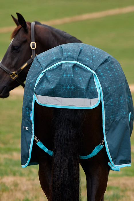 A dark brown horse wearing a teal and turquoise patterned turnout blanket with a reflective silver stripe on the back, set against a blurred green field.