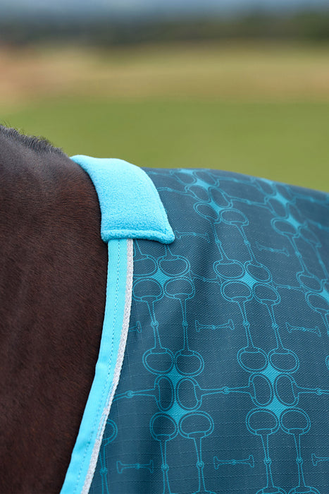 Close-up of a horse wearing a teal and blue patterned turnout blanket with a light blue fleece neck collar, set against a blurred green outdoor background.