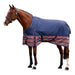 A brown horse wearing a navy blue horse blanket with a red and white patterned border, shown against a plain white background.