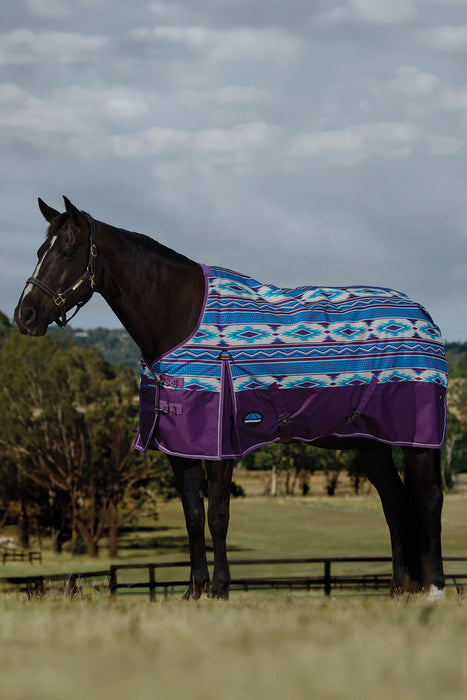 A dark brown horse standing in a grassy field under a cloudy sky, wearing a patterned horse blanket with blue, white, and purple Southwestern-style geometric designs and purple lower panels.