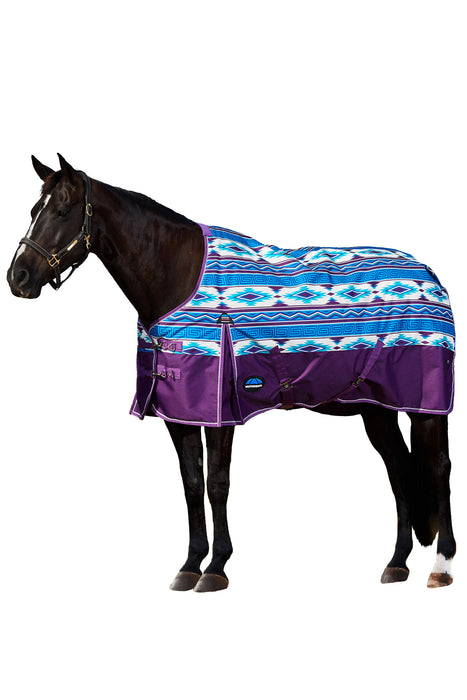A dark brown horse wearing a patterned horse blanket with a purple lower section and blue, white, and purple geometric designs, shown against a plain white background.