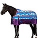 A dark brown horse wearing a patterned horse blanket with a purple lower section and blue, white, and purple geometric designs, shown against a plain white background.