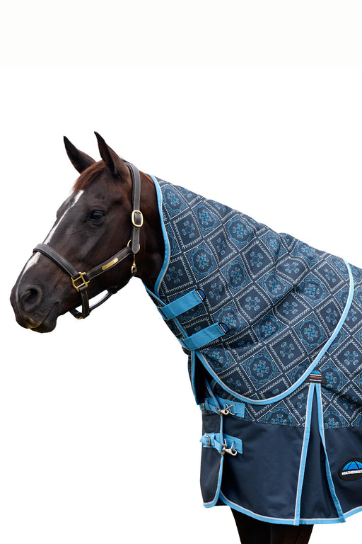 A dark brown horse wearing a navy blue patterned horse rug with bright blue trim and a matching navy neck cover, shown against a plain white background.
