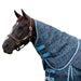 A dark brown horse wearing a navy blue patterned horse rug with bright blue trim and a matching navy neck cover, shown against a plain white background.