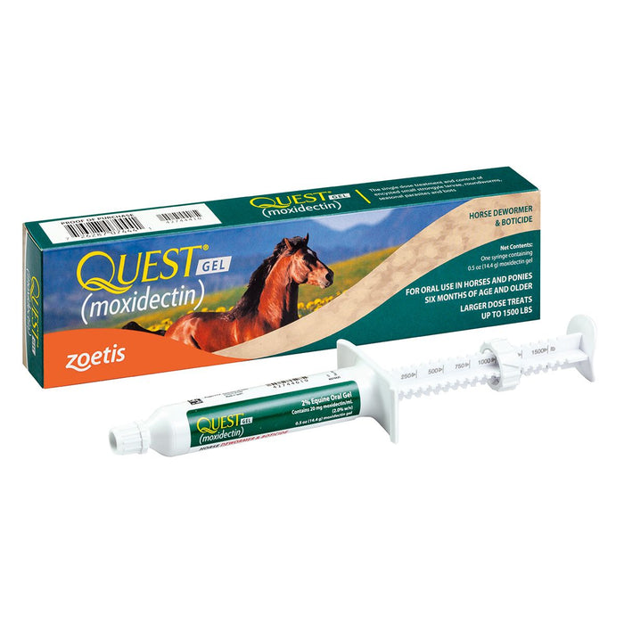 Quest Moxidectin gel packaging with a horse on a white background