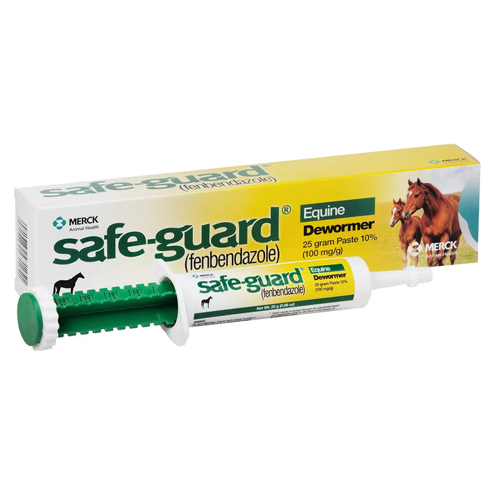 Merck Safe-guard (fenbendazole) Equine Dewormer 25 gram paste, shown with its yellow and white cardboard packaging box and the green-and-white syringe tube in front, featuring a horse graphic.