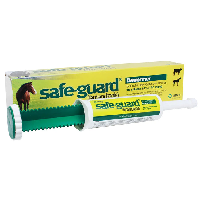 Safe-Guard dewormer packaging with a horse illustration on a white background