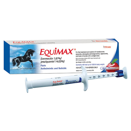 Equimax paste for horses with packaging and syringe on a white background
