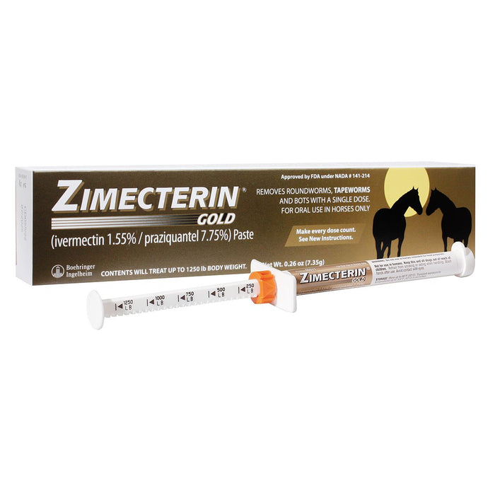 Zimecterin Gold oral paste syringe and its retail box, featuring brown and gold packaging with black horse silhouettes, shown on a white background.