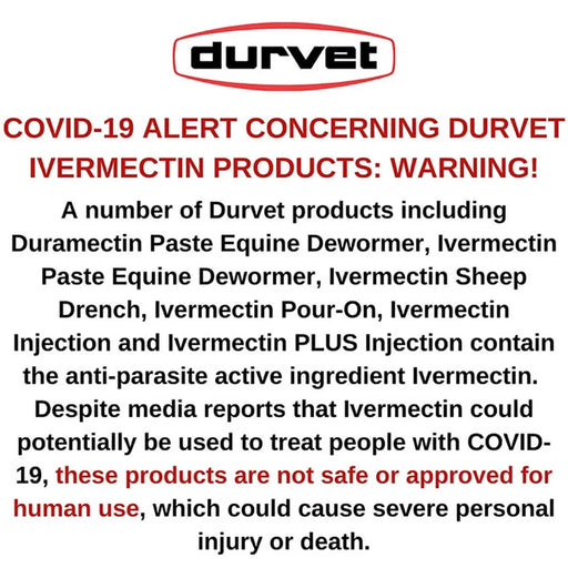 A text-based COVID-19 alert warning about Durvet ivermectin products, with the Durvet logo at the top and red and black text on a white background.
