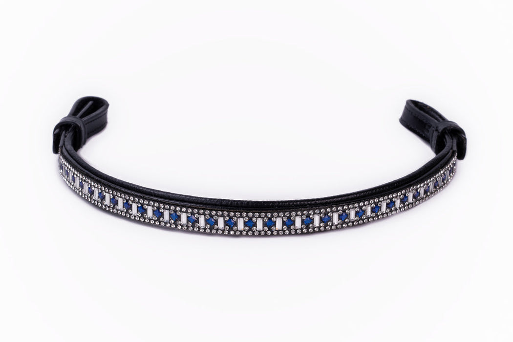 Bridleberry  Leather Browband w/ Rectangle Crystals & Blue Round Crystals, Edged in Crystals