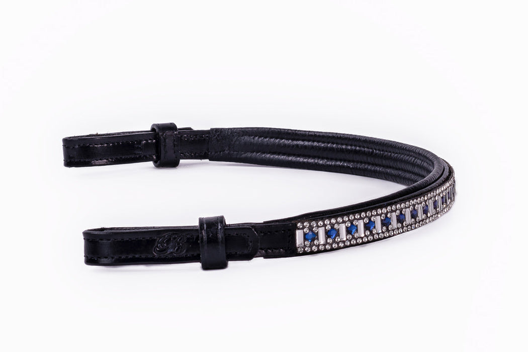 Bridleberry  Leather Browband w/ Rectangle Crystals & Blue Round Crystals, Edged in Crystals