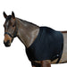 Horse wearing a black elastic shoulder guard on a white background
