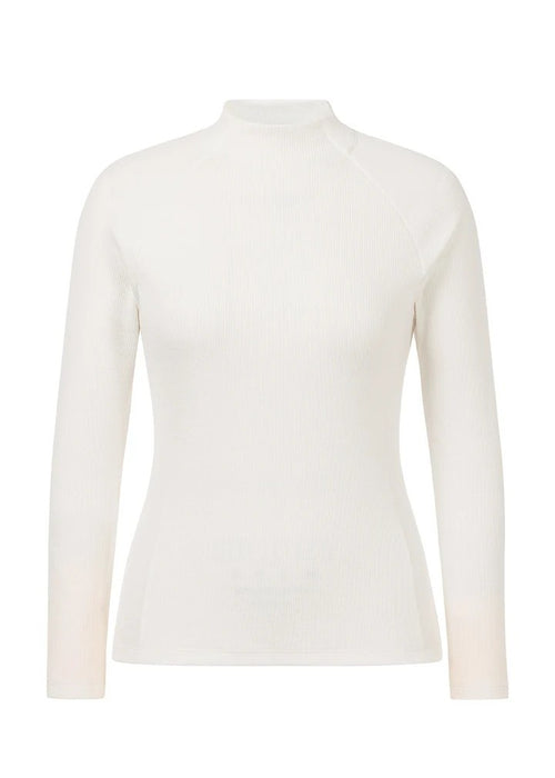 An off-white long-sleeve mock neck top with a subtle vertical ribbed texture, shown on a plain white background.
