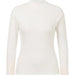 An off-white long-sleeve mock neck top with a subtle vertical ribbed texture, shown on a plain white background.