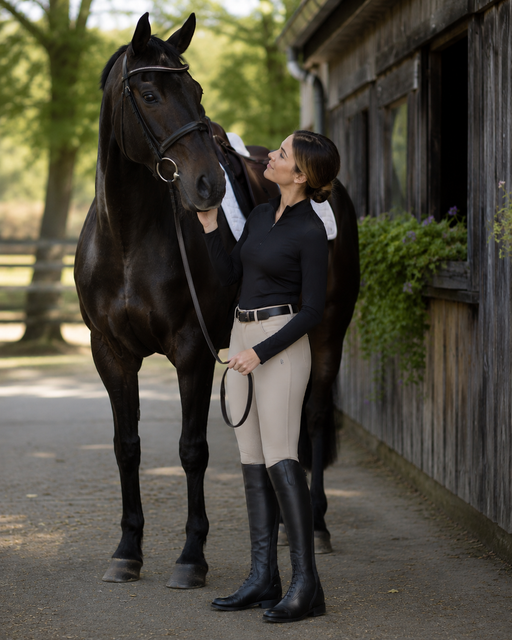 A woman in equestrian attire, including a black long-sleeve shirt, beige riding pants, and black knee-high boots, stands beside a black horse in an outdoor stable setting.