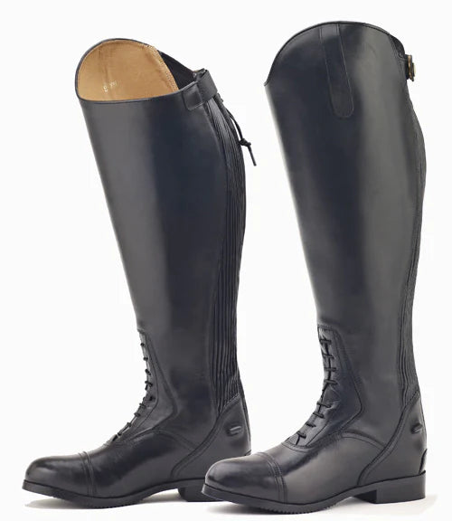Pair of black riding boots on a white background