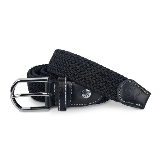 Black woven belt with silver buckle on a white background