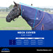 A horse wearing a navy neck cover with measurement lines labeled A, B, and C, plus a size chart at the bottom showing measurements for Small, Medium, Large, and XLarge. The WeatherBeeta logo and website appear at the bottom.