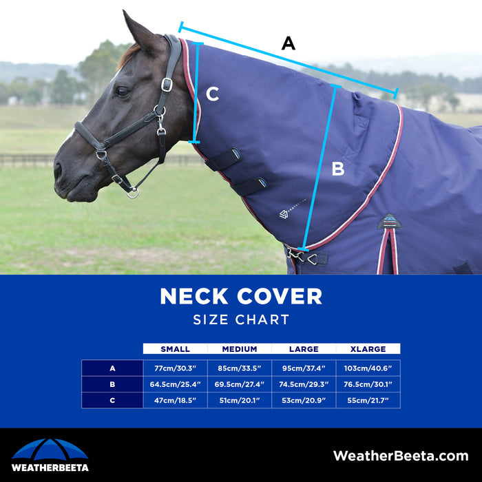 A horse wearing a navy neck cover with measurement lines labeled A, B, and C, plus a size chart at the bottom showing measurements for Small, Medium, Large, and XLarge. The WeatherBeeta logo and website appear at the bottom.
